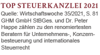 GHM GmbH StBGes. und Dr. Peter Happe zählen zu den renomiertesten Beratern für Unternehmens-, Konzernbesteuerung und internationales Steuerrecht - Wirtschaftswoche 2021